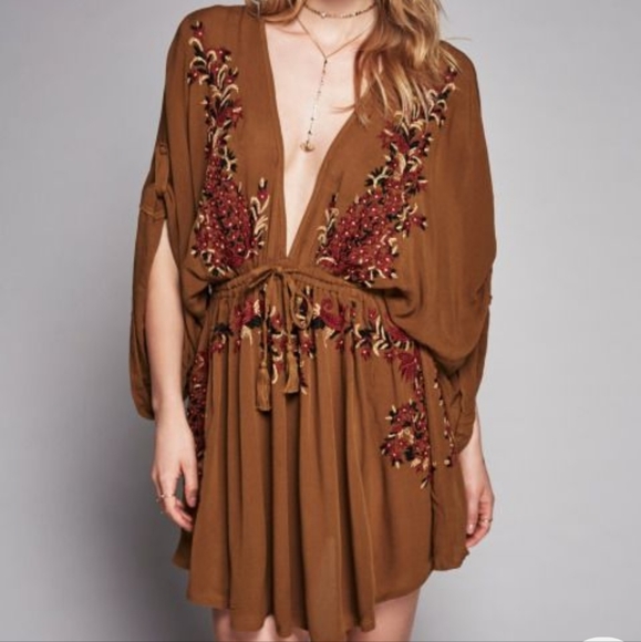 NWT Free People Pretty Pineapple Embroidered Dress S Brown Floral Boho V Neck - Picture 6 of 16